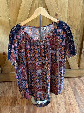 Cato Boho Paisley Print Top Crochet Sleeves 18/20W